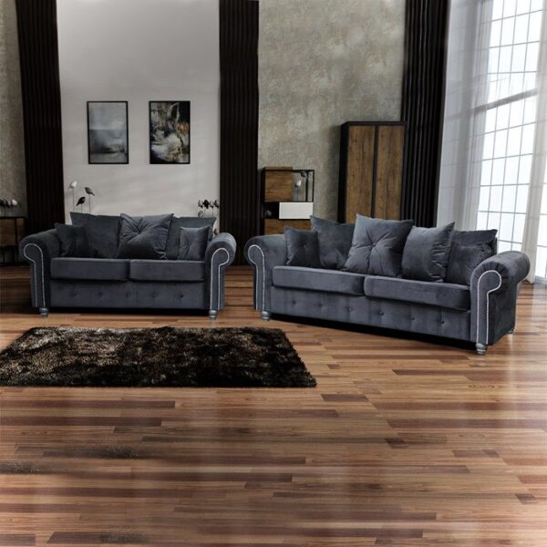 Ashwin Plush Velvet 3 Seater and 2 Seater Sofa Set - Grey