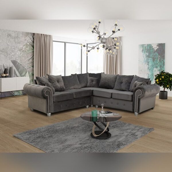 Ashwin Plush Velvet Corner Sofa Set – Grey