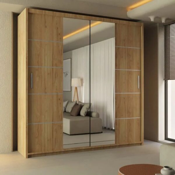 Lisbon Mirror Sliding Door 150cm Wardrobe - Oak