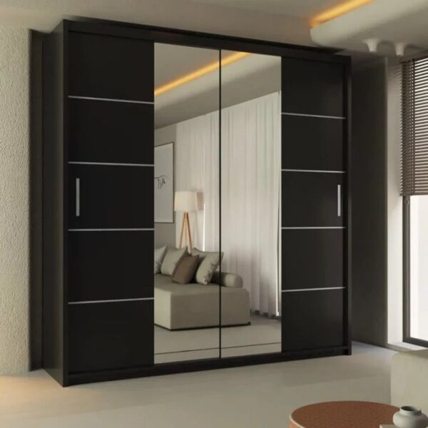 Lisbon Mirror Sliding Door 180cm Wardrobe - Black