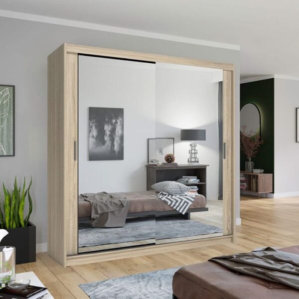 Chicago Mirror Sliding Door 180cm Wardrobe - Oak