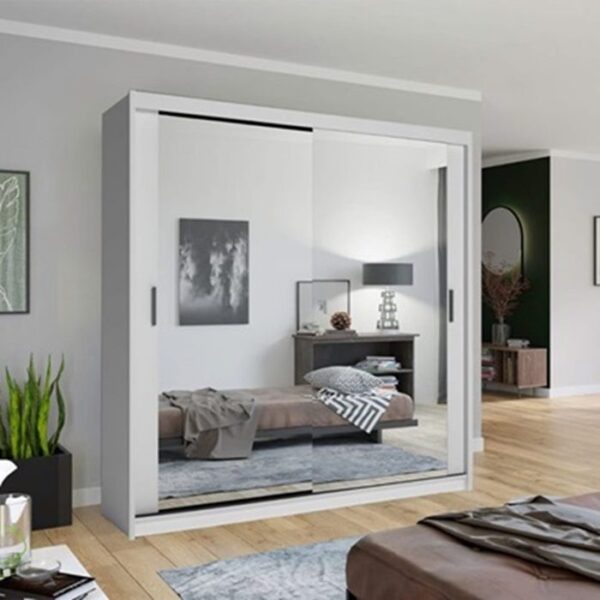 Chicago Mirror Sliding Door 180cm Wardrobe - White - Image 3