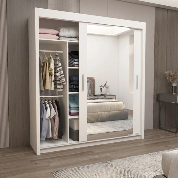 Chicago Mirror Sliding Door 203cm Wardrobe - White - Image 2